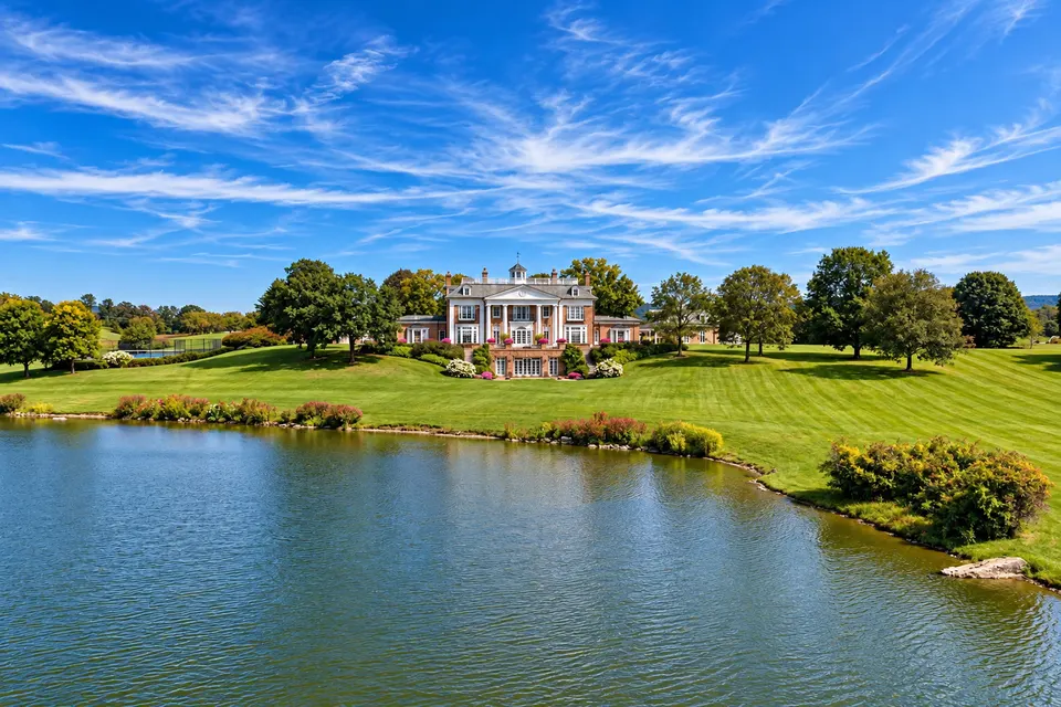 Red-brick colonial with a white columned portico across a pond