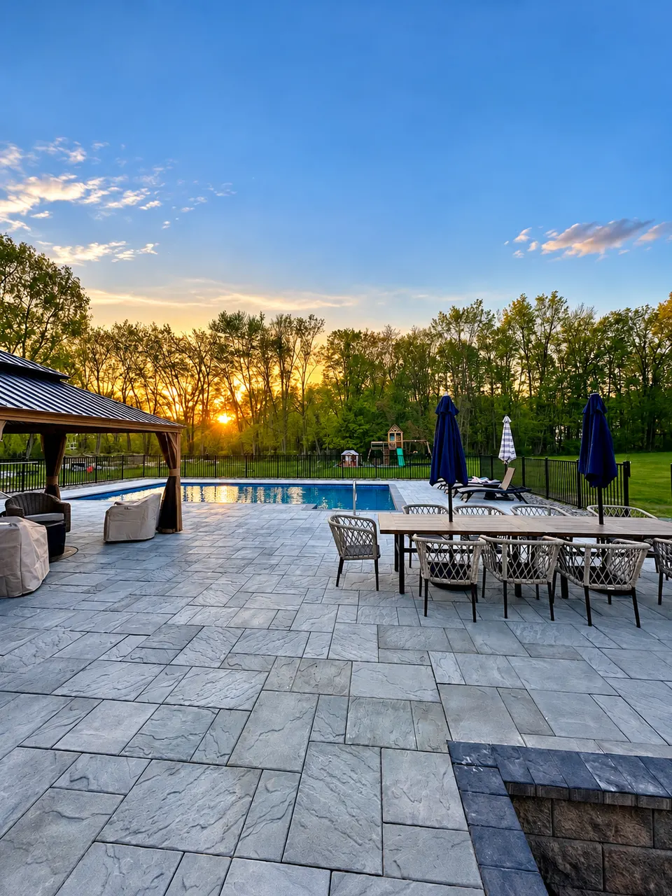 Outdoor living renovation with pool, patio and gazebo at sunset (Hudson Valley residential)